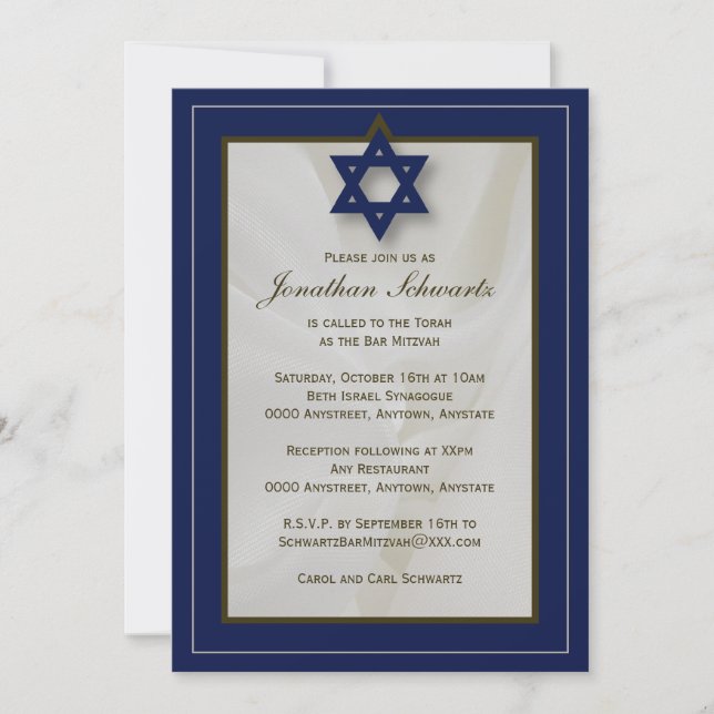 Elegant Fabric Bar Mitzvah Invitation in Navy (Front)