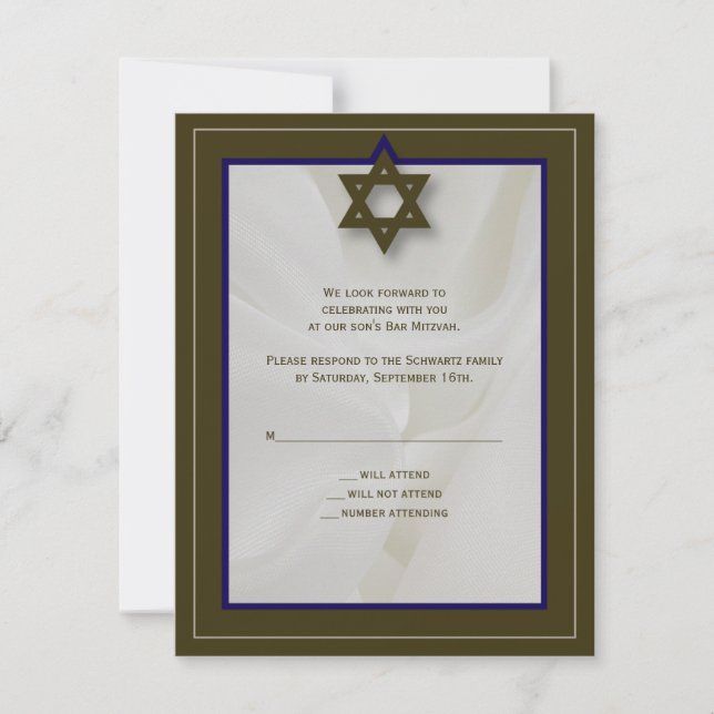 Elegant Fabric Bar Mitzvah Reply Card in Brown (Front)