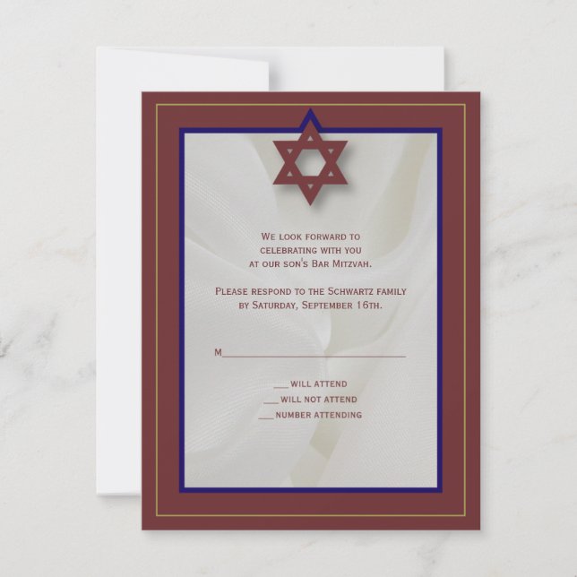 Elegant Fabric Bar Mitzvah Reply in Burgundy RSVP Card (Front)