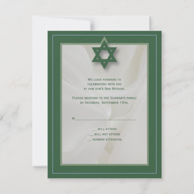 Elegant Fabric Bar Mitzvah RSVP Reply in Green (Front)