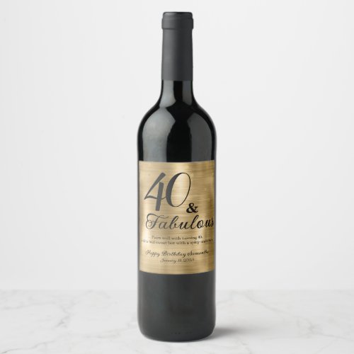 Elegant Fabulous 40th Birthday Party Wine Label