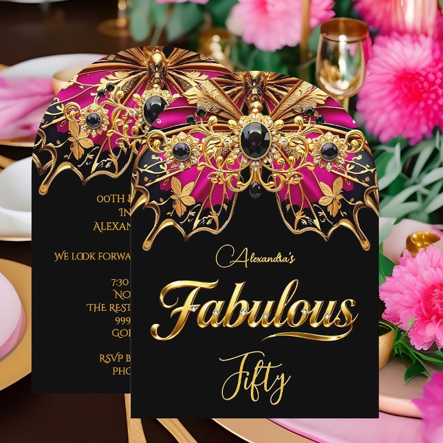 Elegant Fabulous 50 Birthday Black Gold Pink Invitation (Creator Uploaded)