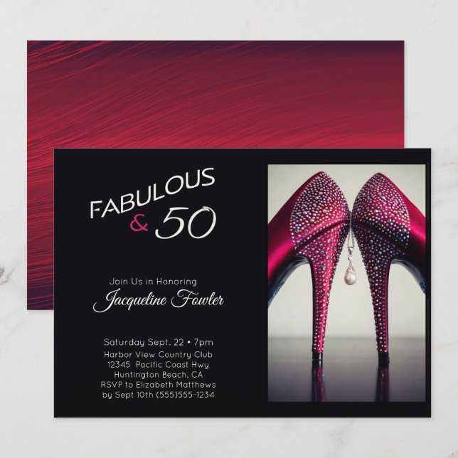 Elegant  Fabulous 50 High Heels Red Glam Sparkle Invitation (Front/Back)