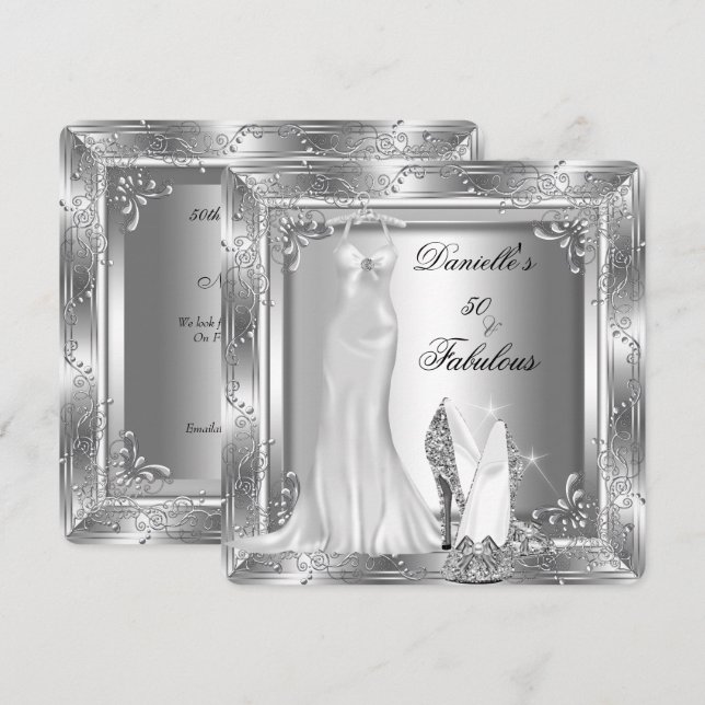 Elegant Fabulous 50 Silver Look High Heel Shoe Invitation (Front/Back)