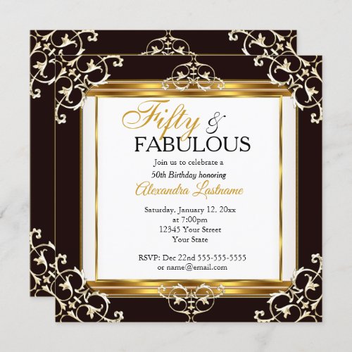 Elegant Fabulous Gold Black White 50th Birthday Invitation