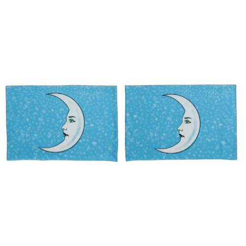 Elegant Face white Crescent Moon Stars Aqua Blue Pillowcase