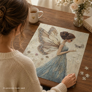 Elegant Fairy & Butterfly Mosaic Fantasy in Blue Jigsaw Puzzle