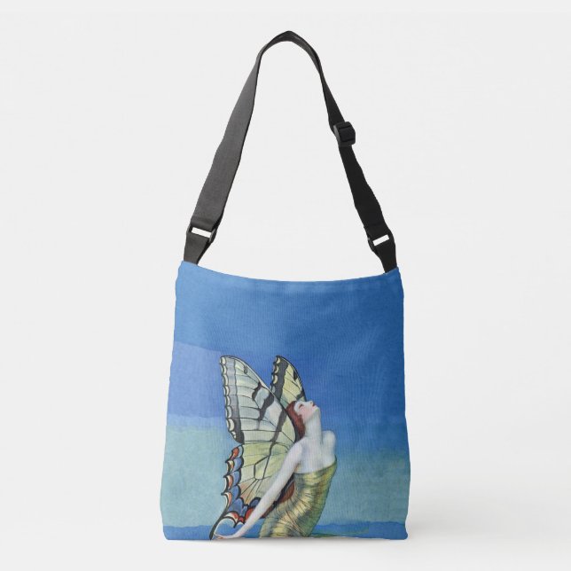Elegant Fairy Butterfly Wings Gold Dress Blue Sky Crossbody Bag (Front)