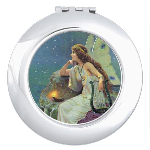 Elegant Fairy on cliff Gold Candle Harp Compact Mirror