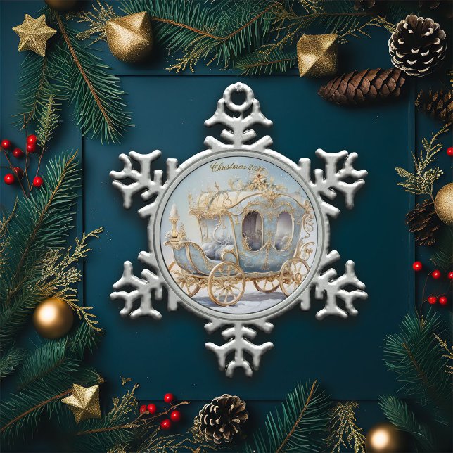 Elegant Fairytale Blue and Gold Christmas Coach Snowflake Pewter Christmas Ornament (Creator Uploaded)