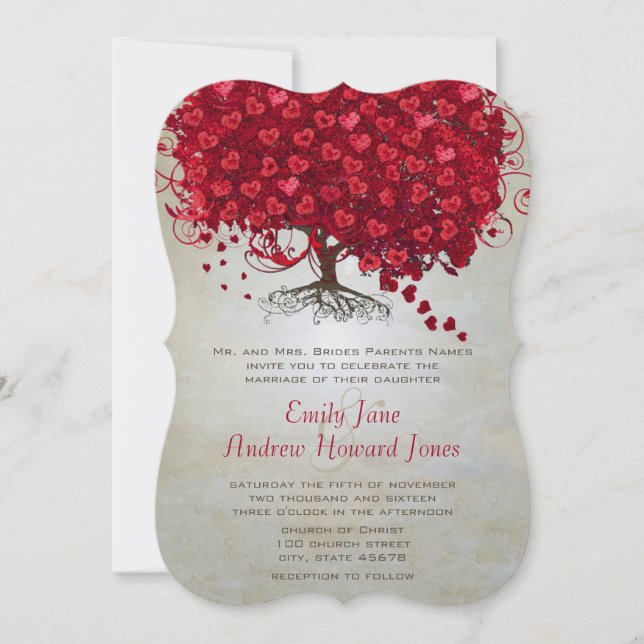Elegant Fairytale Red Heart Leaf Tree Wedding  Invitation (Front)