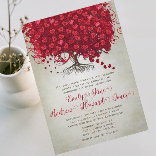 Elegant Fairytale Red Heart Leaf Tree Wedding  Invitation