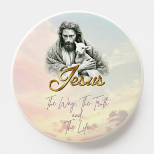 Elegant Faith Pastel Sky Jesus Lamb Gold Font PopSocket