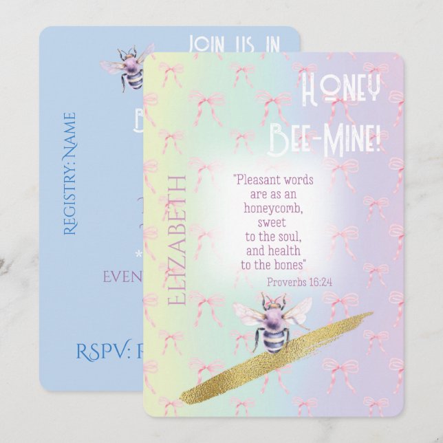 Elegant Faith Pink Bow Grid Rainbow Bee Invitation (Front/Back)