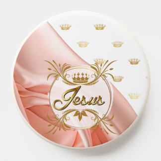 Elegant Faith Pink Satin Gold Crown Grid Jesus PopSocket