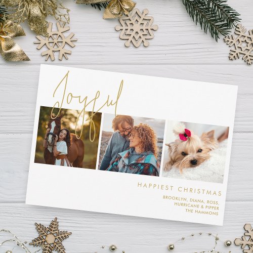 Elegant Fake Gold Effect Joyful 3 Photos Christmas Holiday Card