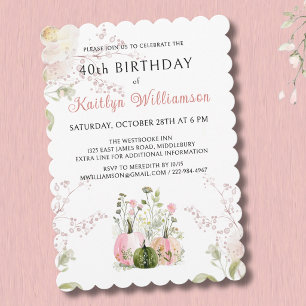 Elegant Fall 40th Birthday Pink Pumpkin Floral Invitation