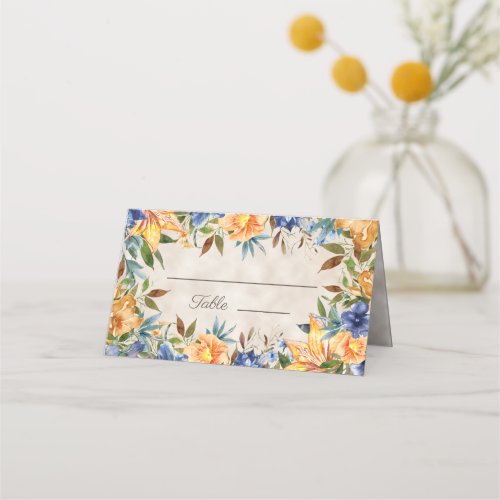 Elegant Fall Autumn Blue Orange Floral Wedding   Place Card