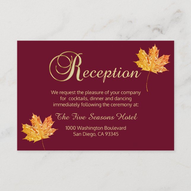 Elegant Fall Autumn Burgundy Gold  RECEPTION Card (Front)
