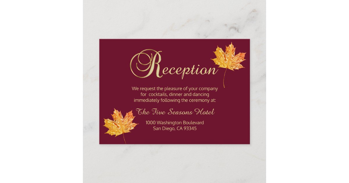 Elegant Fall Autumn Burgundy Gold RECEPTION Card | Zazzle