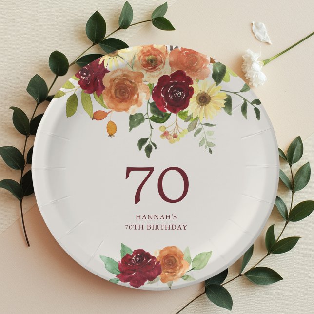 Elegant Fall | Autumn Floral 70th Birthday Paper Plates (Creator Uploaded)