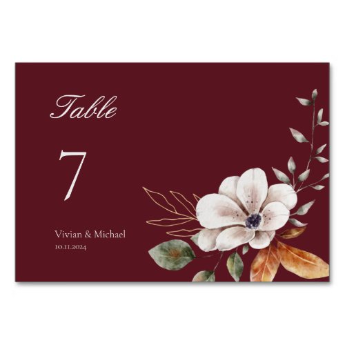 Elegant Fall Autumn Floral Burgundy Wedding Table Number
