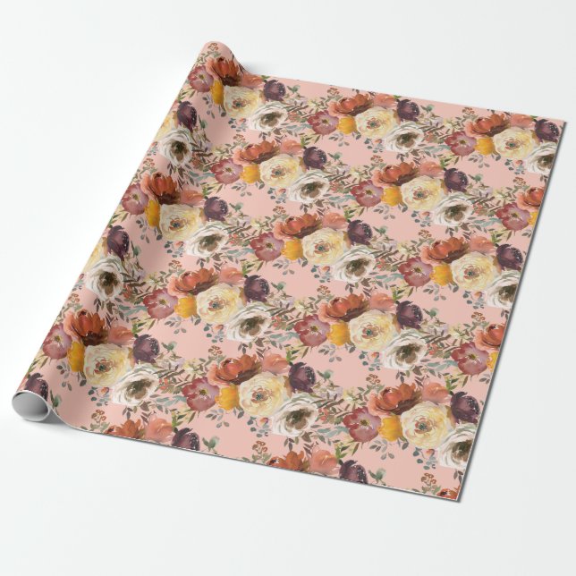 Elegant Fall Autumn Floral Rust Cream Burgundy Wrapping Paper (Unrolled)