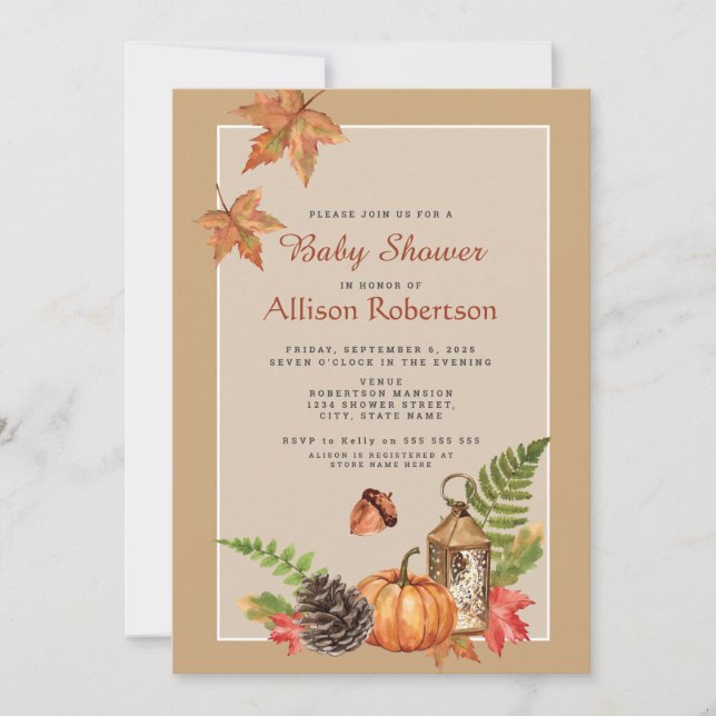 Elegant Fall Autumn Leaves Pumpkin Baby Shower Invitation (Front)