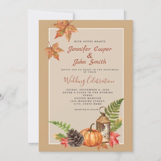 Elegant Fall Autumn Leaves Pumpkin Wedding Invitat