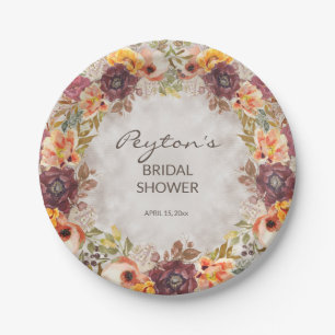 Elegant Fall Autumn Orange Burgundy Bridal Shower Paper Plates