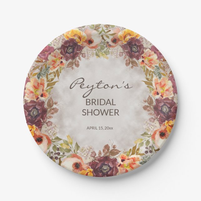 Elegant Fall Autumn Orange Burgundy Bridal Shower Paper Plates (Front)