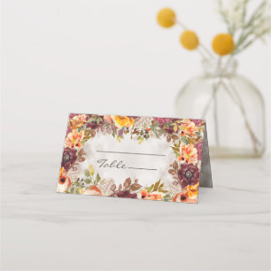 Elegant Fall Autumn Orange Burgundy Wedding Place Card