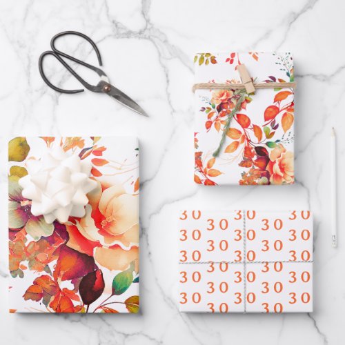 Elegant Fall Autumn Watercolor Floral 30 Birthday  Wrapping Paper Sheets