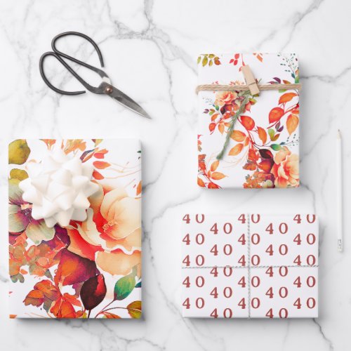 Elegant Fall Autumn Watercolor Floral 40 Birthday  Wrapping Paper Sheets