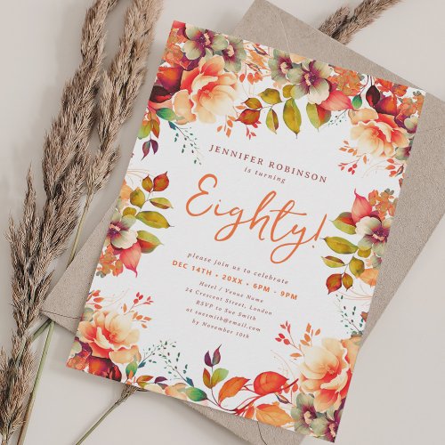 Elegant Fall Autumn Watercolor Floral 80 Birthday  Invitation