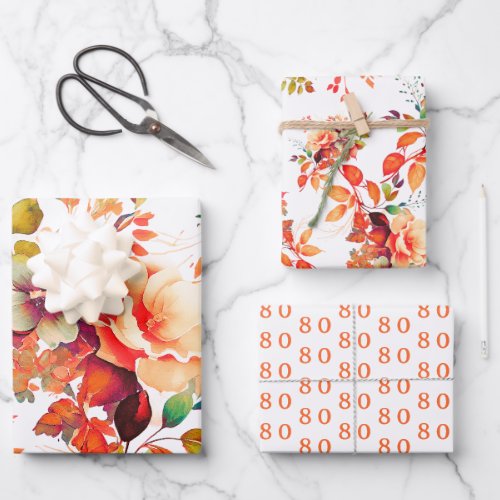 Elegant Fall Autumn Watercolor Floral 80 Birthday  Wrapping Paper Sheets