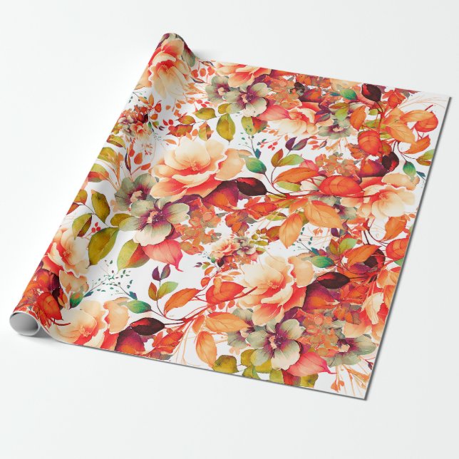 Elegant Fall Autumn Watercolor Floral Birthday  Wrapping Paper (Unrolled)