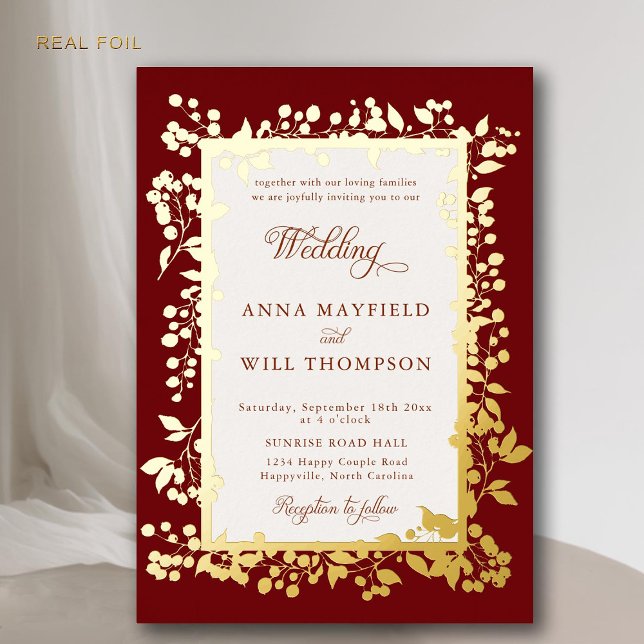 Elegant Fall Berries Frame Burgundy Rustic Wedding Foil Invitation (elegant fall botanical berries frame modern romantic rustic boho wedding invitation burgundy gold)
