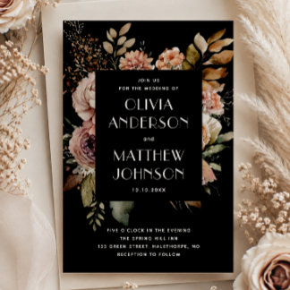 Elegant fall black floral wedding QR code details Invitation