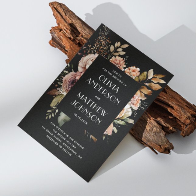 Elegant fall black floral wedding QR code details Invitation (Creator Uploaded)