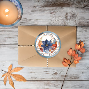 Elegant Fall Blue Floral Circle Return Address Classic Round Sticker