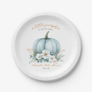 Elegant Fall Blue Pumpkin Floral Boy Baby Shower Paper Plates