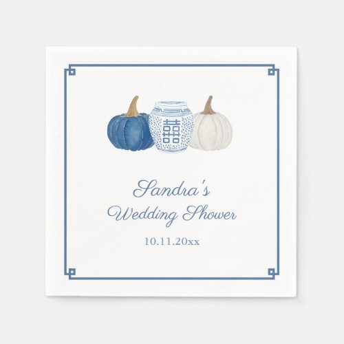 Elegant Fall Blue White Pumpkins Bridal Shower Napkins