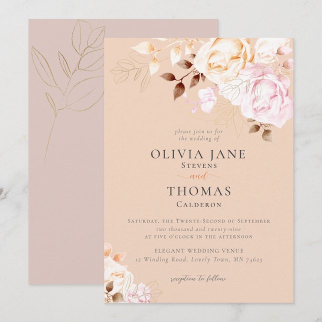 Elegant Fall Blush Orange Floral Wedding Invitation (Front/Back)