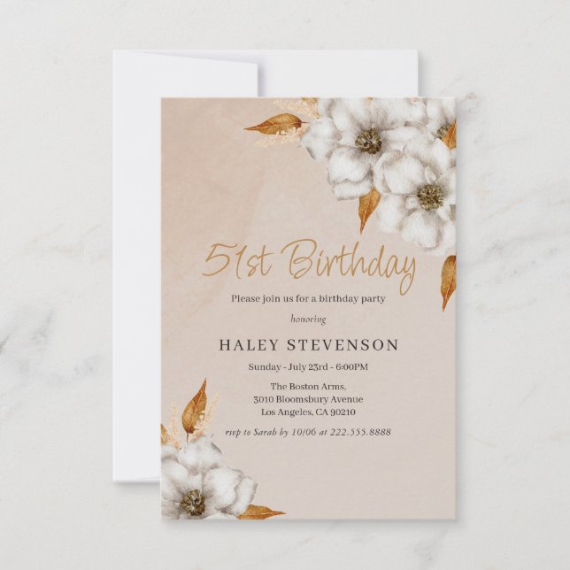 Elegant Fall Boho Chic Floral 51st Birthday Party Invitation (Front)