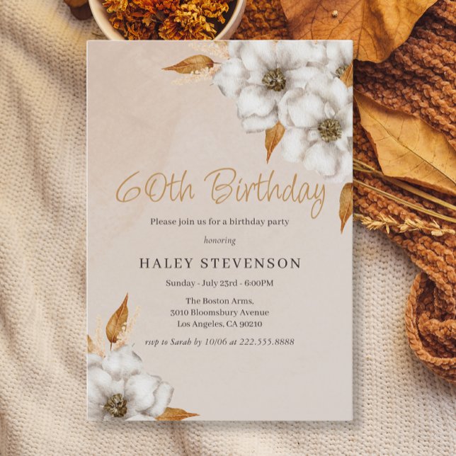 Elegant Fall Boho Chic Floral 60th Birthday Party Invitation (Creator Uploaded)