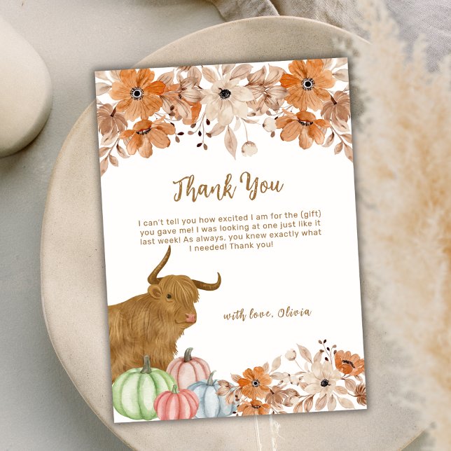 Elegant Fall Boho Floral Highland Cow Baby Shower  Thank You Card (Elegant Fall Boho Floral Highland Cow Baby Shower Thank You Card)