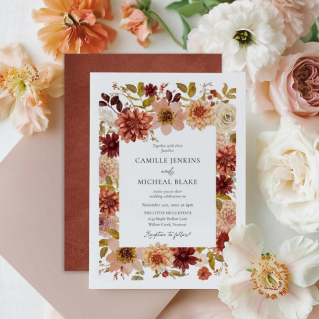 Elegant Fall Botanical Wedding Invitation (Elegant Fall Floral Burgundy Terracotta Wedding Invite)