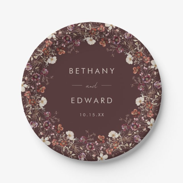 Elegant Fall Brown Floral Wedding Paper Plates (Front)