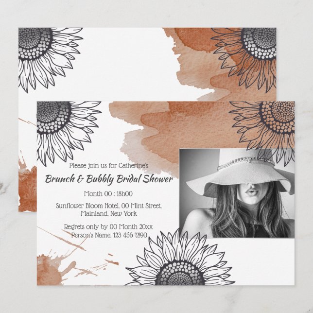 Elegant fall brown gray DIY photo sunflower party Invitation (Front/Back)